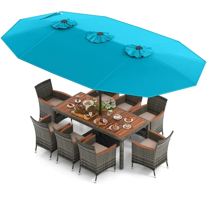 10 Pieces Patio Wicker Dining Set With 15 Feet Double-Sided Patio Umbrella-Turquoise