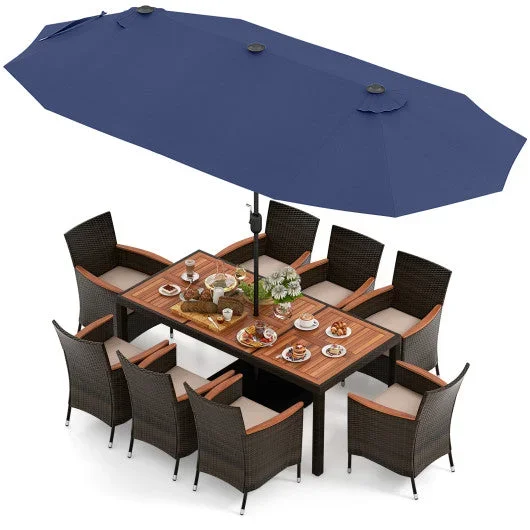 11 Pieces Patio Dining Set With 15 Feet Double-Sided Patio Umbrella and Base-Navy