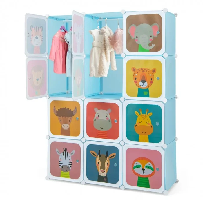12 Cube Kids Wardrobe Closet With Hanging Section and Doors-Blue