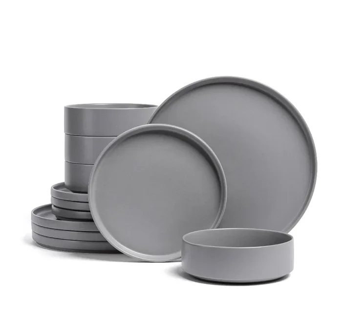 12pc Stackable Stoneware Hand-Finished Dinnerware Set Semi-Matte Charcoal