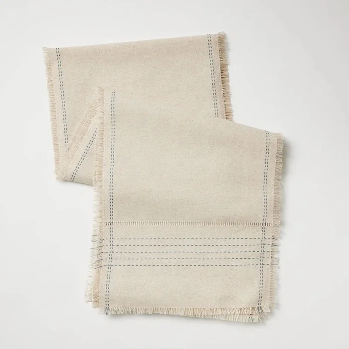 14″x72″ Natural Leno Weave Table Runner with Blue Accent
