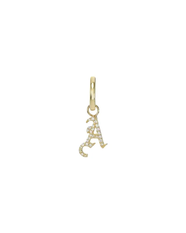 14k Gold Mini Huggie Earring With Diamond Gothic Initial Charm