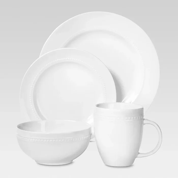 16pc Porcelain Beaded Rim Dinnerware Set White
