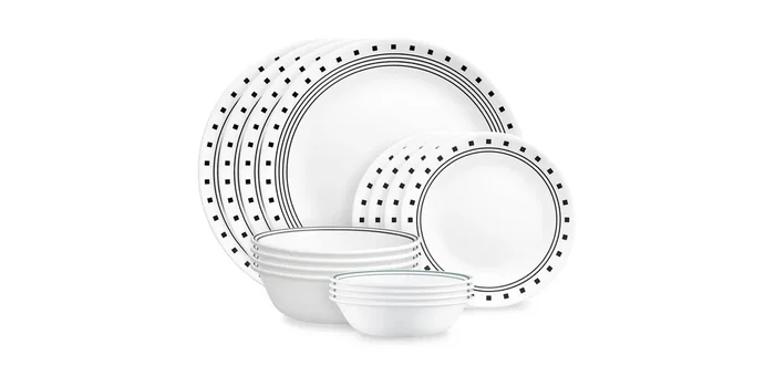 16pc Vitrelle City Block Dinnerware Set: Geometric Pattern, Service for 4, Includes Plates & Bowls, Dishwasher-Safe