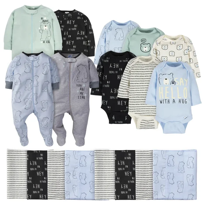 18-Piece Baby Boys Bear Sleep ‘N Play, Onesies® Bodysuit, and Burpcloth Set