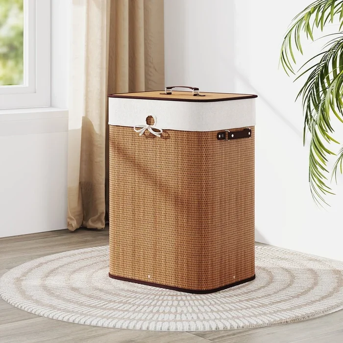 19 Gal Rectangle Laundry Basket Bamboo Clothes Hamper With Handles and Lid-Yellow