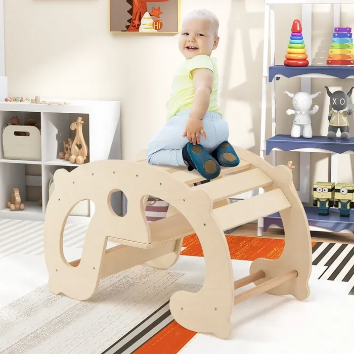2-in-1 Rocking Horse Arch for Kids Montessori Climbing Toys With Arch Climber-Natural