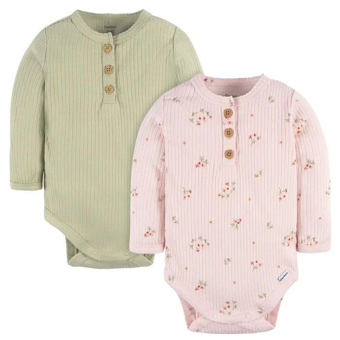 2-Pack Baby Girls Floral Henley Onesies® Bodysuits