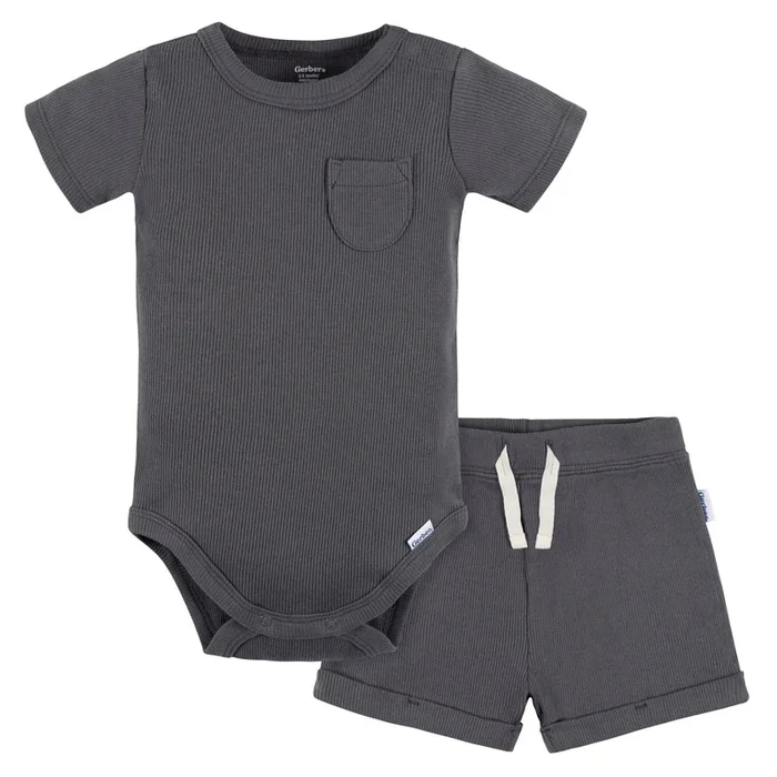 2-Piece Baby Boys Dark Grey Bodysuit and Shorts Set