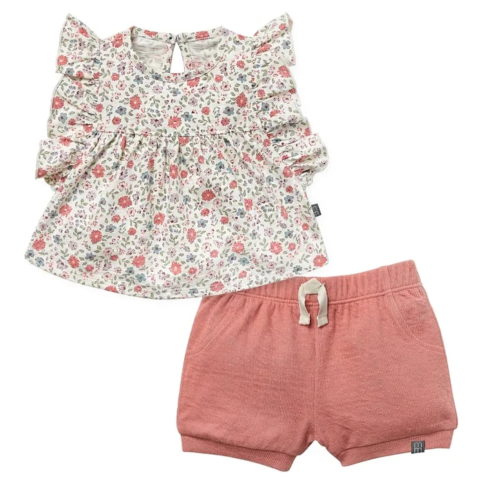 2-Piece Baby Girls Vanilla Garden Ruffled Sleeve Top & Cuffed Shorts Set