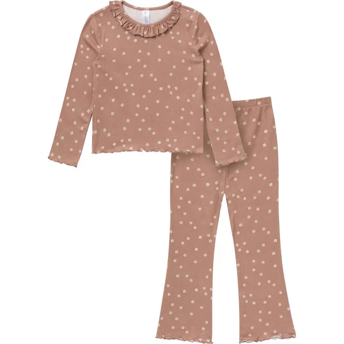 2-Piece Girls Brown Daisies Ruffle Collar Top and Flare Pant Set