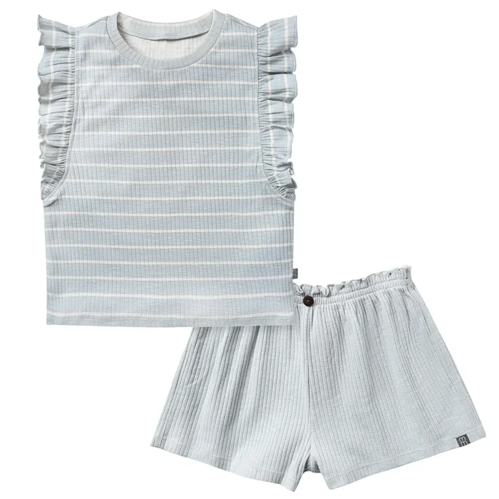 2-Piece Infant & Toddler Girls Light Blue Stripe Ruffled Sleeveless Top & Wide Leg Shorts Set