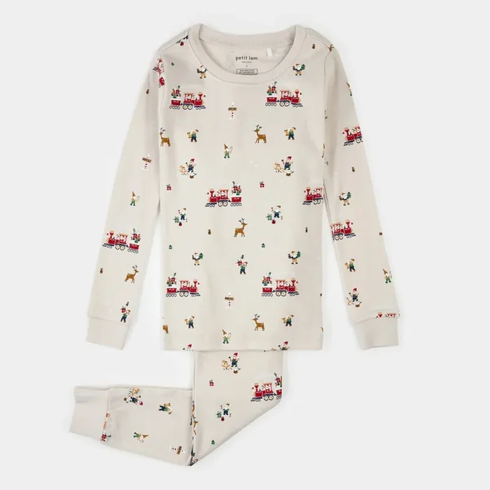 2PC PJ SET: L/S TOP + PANT KNIT-BEIGE CHRISTMAS TRAIN