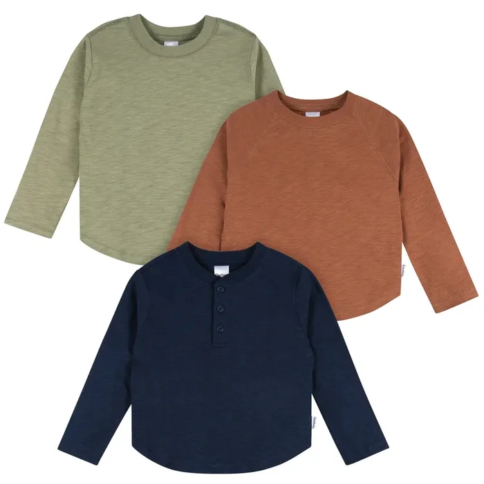 3-Pack Infant & Toddler Boys Green, Brown, & Navy Long Sleeve Shirts