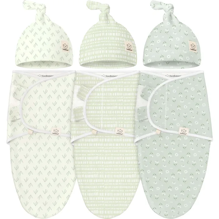 3-Pack Soothe Swaddle Wraps with Knot Hats (Leafy)