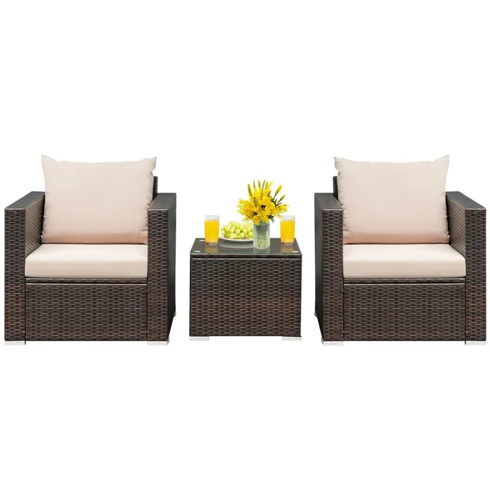 3 Pcs Patio Conversation Rattan Furniture Set With Cushion-Beige