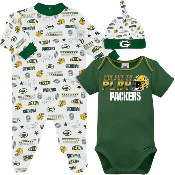 3-Piece Baby Boys Green Bay Packers Bodysuit, Sleep ‘N Play, and Cap Set
