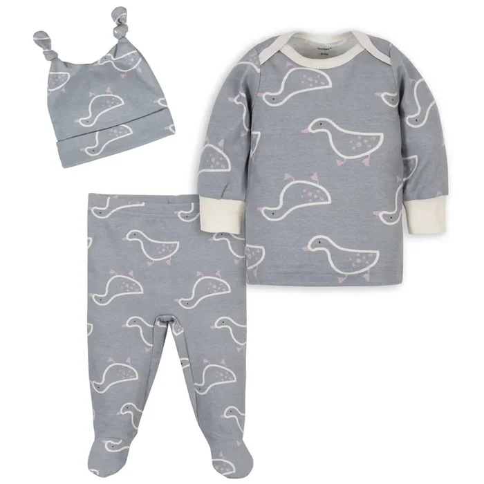 3-Piece Baby Girls Comfy Stretch Ducklings Shirt, Footed Pant and Cap Set