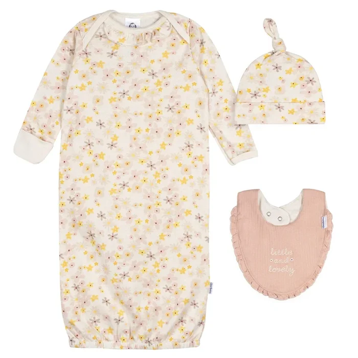 3-Piece Baby Girls Pear Floral Gown Set