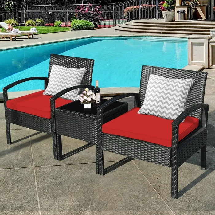 3 Pieces Outdoor Rattan Patio Conversation Set With Seat Cushions-Red