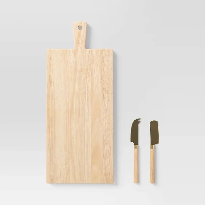 3pc 19.35″x8″ Rubberwood Rectangle Serving Board with Brass Cheese Tools Brown – Threshold™: Charcuterie Platter Set