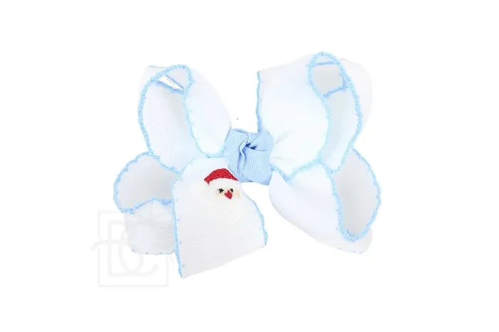 4.5 ” Embroidered Santa Crochet Edge Hair Bow: White w/ Millennium Blue Edge