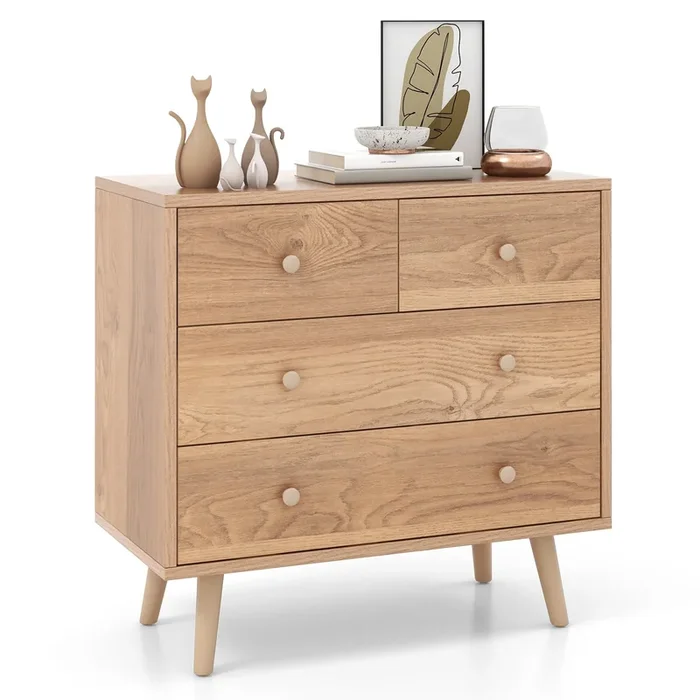 4-Drawer Dresser Cabinet Storage Organizer Rubber Leg With Rail-Oak