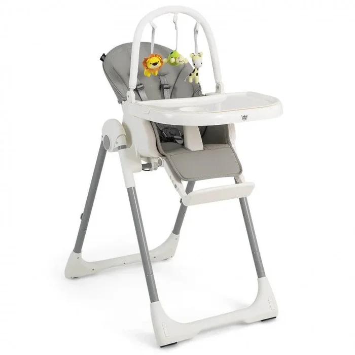 4-in-1 Foldable Baby High Chair With 7 Adjustable Heights and Free Toys Bar-Gray