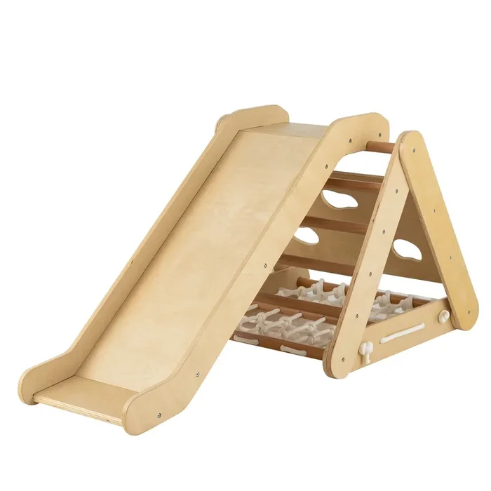 4 in 1 Triangle Climber Toy With Sliding Board and Climbing Net-Natural