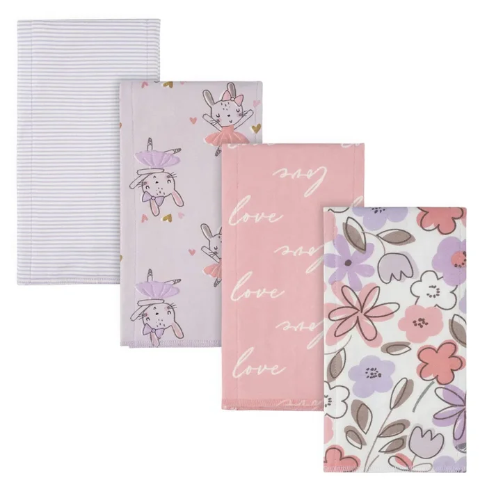 4-Pack Girls Bunny Ballerina Flannel Burp Cloths