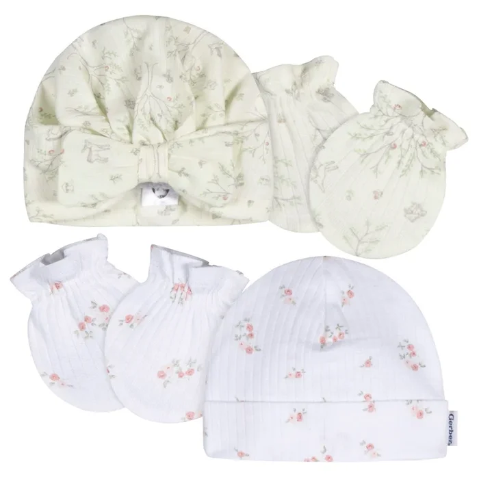 4-Piece Baby Girls Deer Cap and Mitten Set
