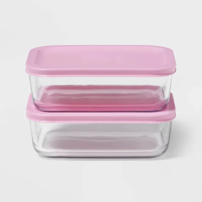 4-Piece Rectangular Glass Food Storage Container Set – Pink