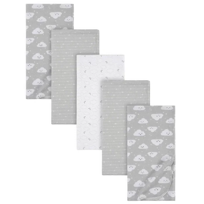 5-Pack Baby Neutral Clouds Flannel Receiving Blankets
