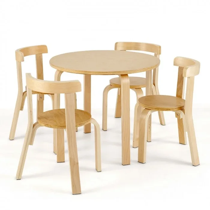 5-Piece Kids Wooden Curved Back Activity Table and Chair Set With Toy Bricks-Natural