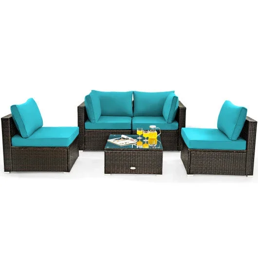 5 Pieces Cushioned Patio Rattan Furniture Set With Glass Table-Turquoise