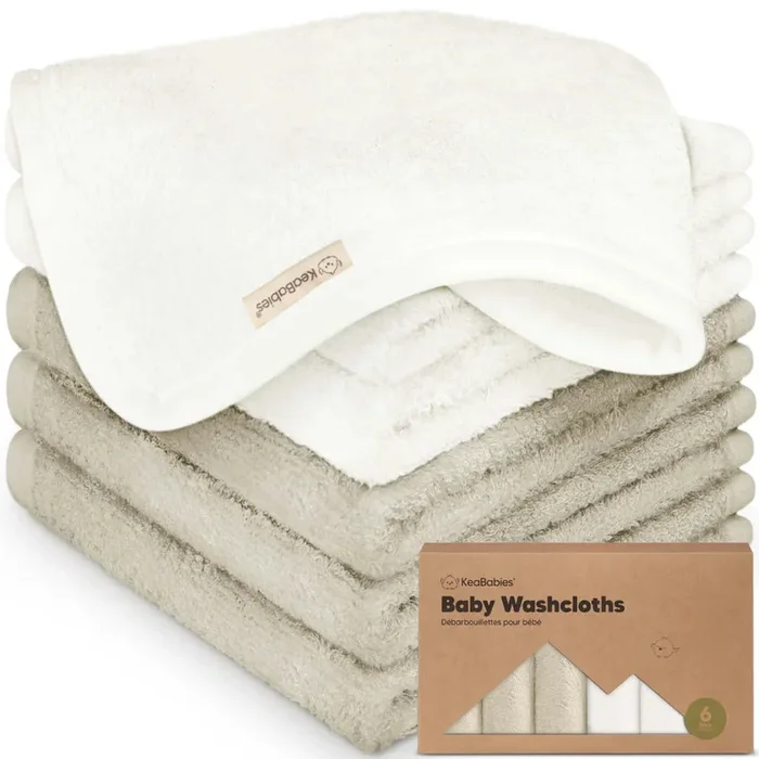 6 – Pack KeaBabies Baby Washcloths (White/ Stone)