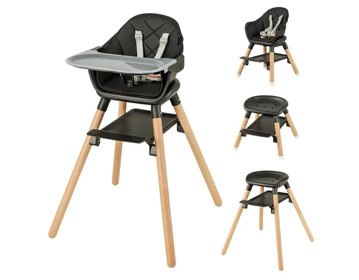 6-in-1 Convertible Wooden Baby Highchair Infant Feeding Chair w/ Removable Tray – Black