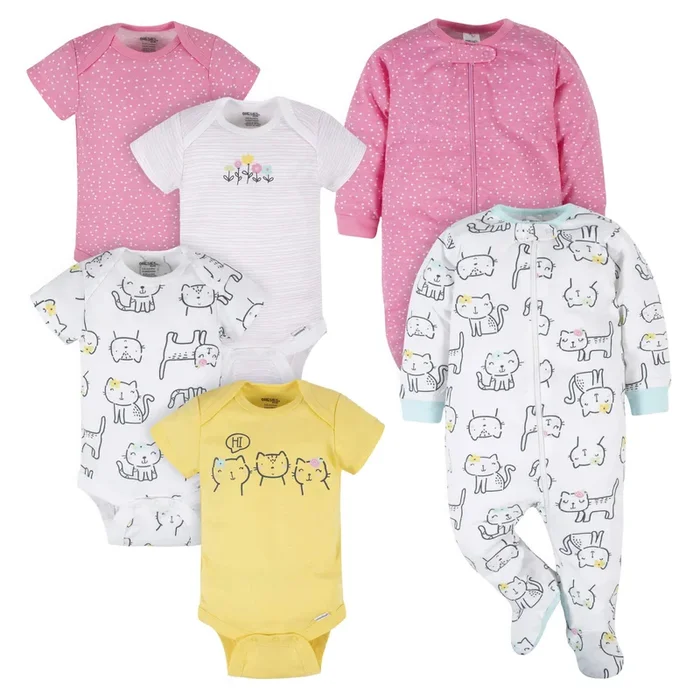 6-Piece Baby Girls Cat Onesies® Brand Bodysuit & Sleep ‘N Play Set