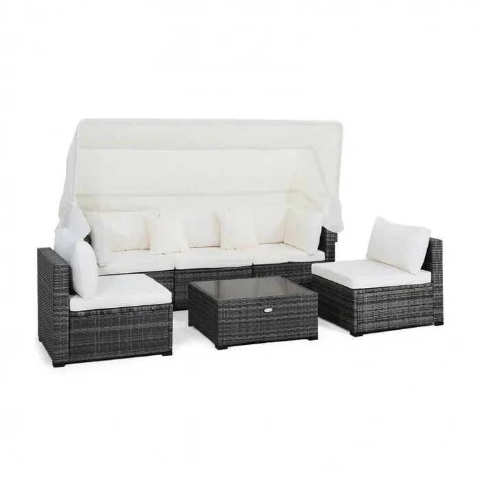 6 Pieces Patio Rattan Furniture Set With Retractable Canopy – White