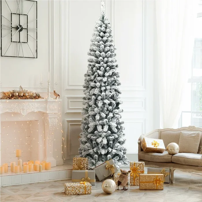 7.5 Feet Unlit Hinged Snow Flocked Artificial Pencil Christmas Tree With 641 Tips