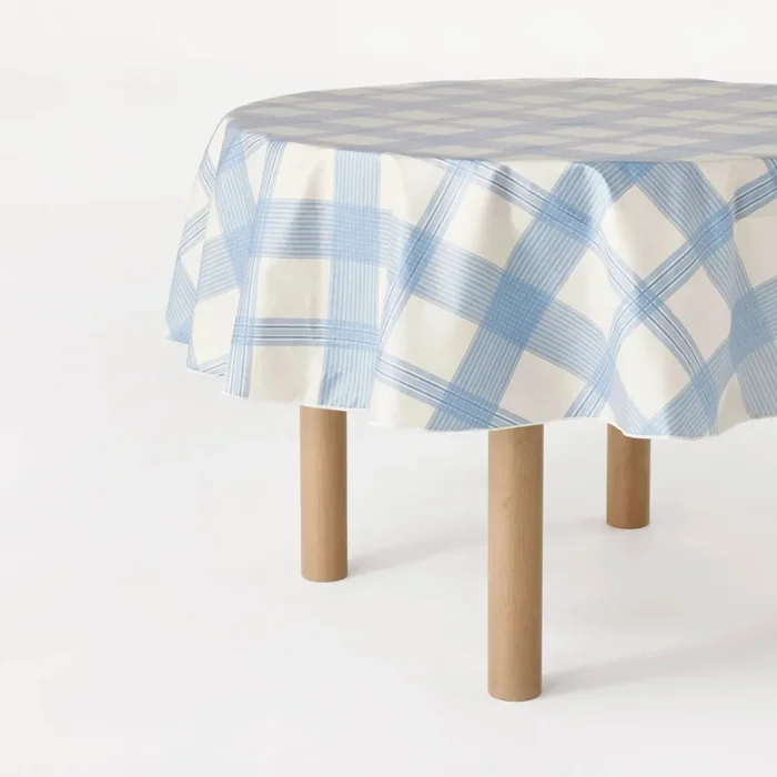 70″ Round Oiled Tablecloth Blue Plaid