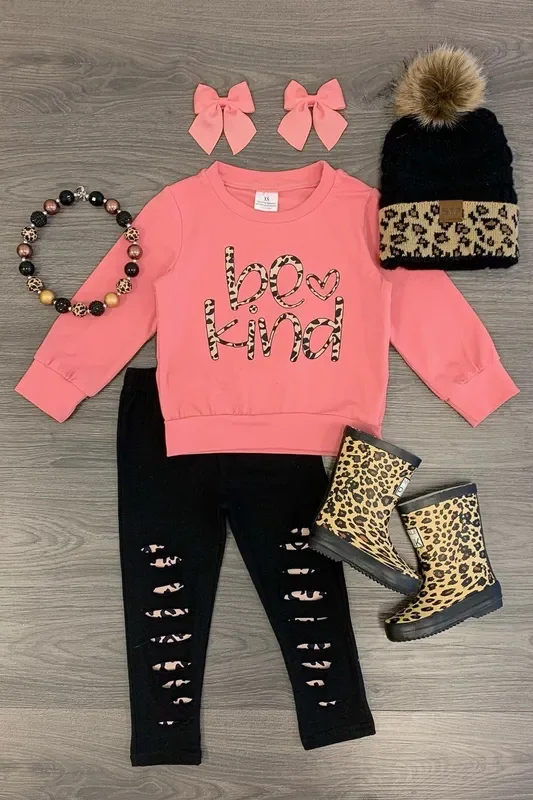 “Be Kind ” Pink Leopard Distressed Legging Set