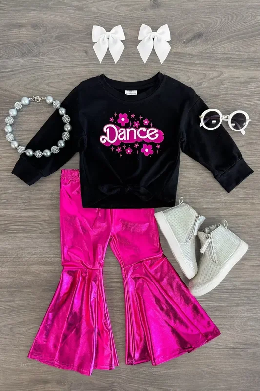 “Dance ” Pink Metallic Bell Bottom Set