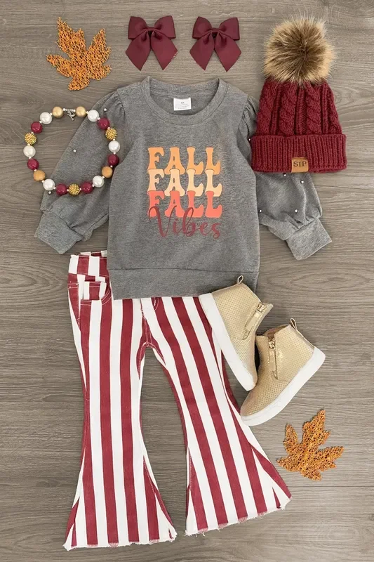 “Fall Vibes ” Burgundy Striped Bell Bottom Set