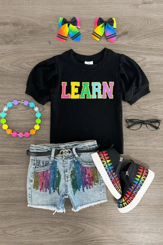 “Learn ” Rainbow Sequin Denim Short Set