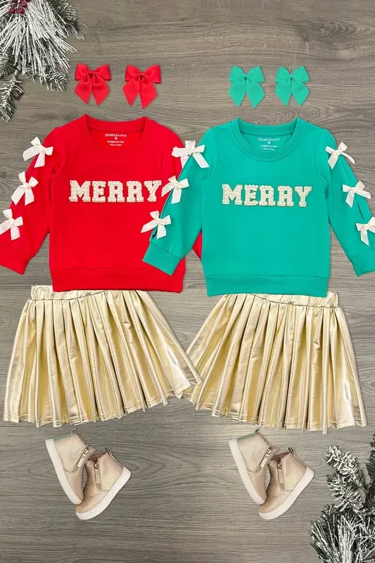 “Merry ” Pearl Bow Metallic Skirt Set