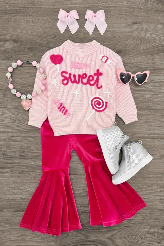 “Sweet ” Knit Sweater Pink Bell Bottom Set