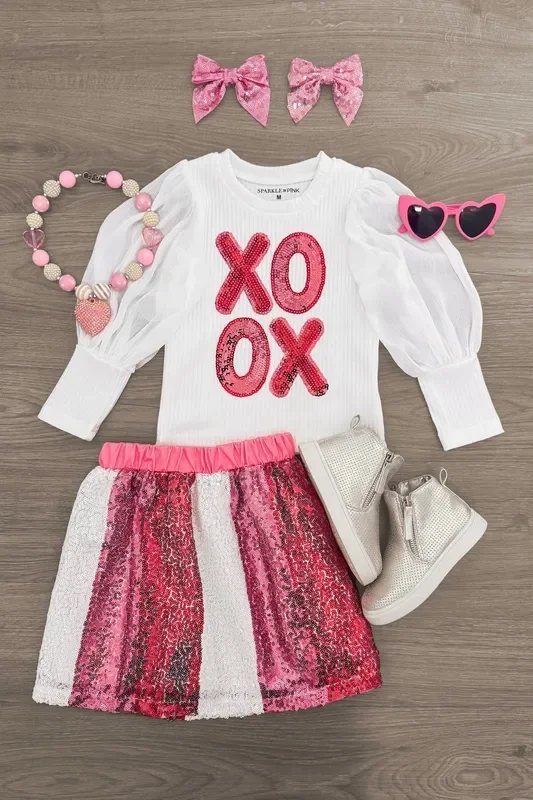 “XOXO ” Pink Sequin Skirt Set