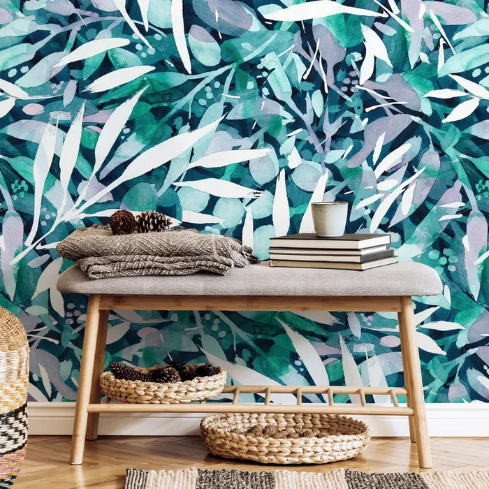 Abstract Botanical Wallpaper With Painterly Leaves In Teal, Green, And Lavender – X150