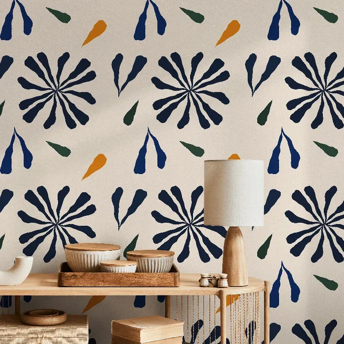 Abstract Floral Wallpaper With Botanical Shapes In Navy Blue, Green, And Orange – C129